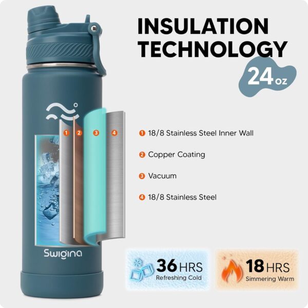[2-IN-1 LID] Insulated Water Bottle with Silicone Boot (36hrs Cold/18hrs Hot) - DIY Stickers, Leakproof, BPA Free, 24 oz - Image 4