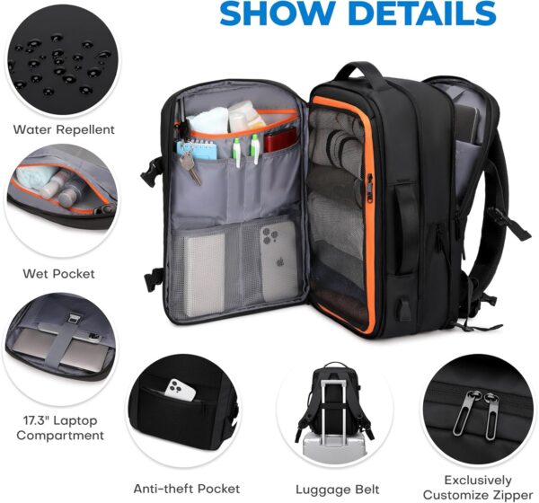 Carry On Travel Backpack for Airplanes | 35L Suitcase Backpack Luggage Business Weekender Bag - Expandable Travel Carry On Flight Approved for Men Women - Black - Image 5