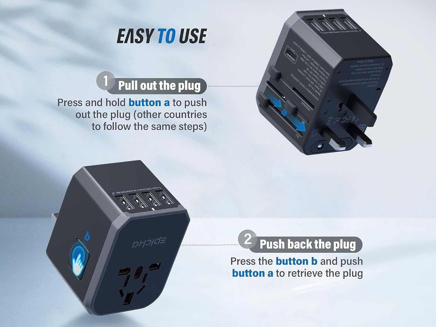 EPICKA Universal Travel Adapter, European Travel Plug Adapter (Not a Voltage Converter) - International Power Adapter Worldwide Charger with USB-C & 4 USB-A Ports, Travel Essentials (TA-105, Grey) - Image 4