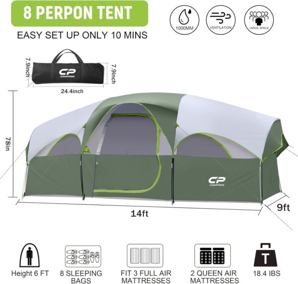 CAMPROS CP Tent 8 Person Camping Tents, Weather Resistant Family Tent, 5 Large Mesh Windows, Double Layer, Divided Curtain for Separated Room, Portable with Carry Bag - Image 3