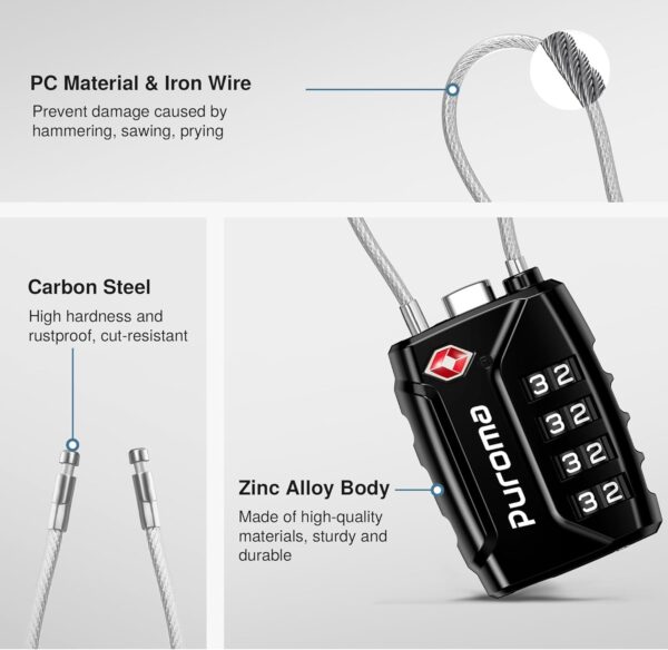 Puroma 2 Pack TSA Approved Luggage Locks, 4 Digit Combination Travel Locks Resettable Code Lock with Zinc Alloy Body for Suitcase, Toolbox, Backpack, Bag, Gym Locker (Black) - Image 6