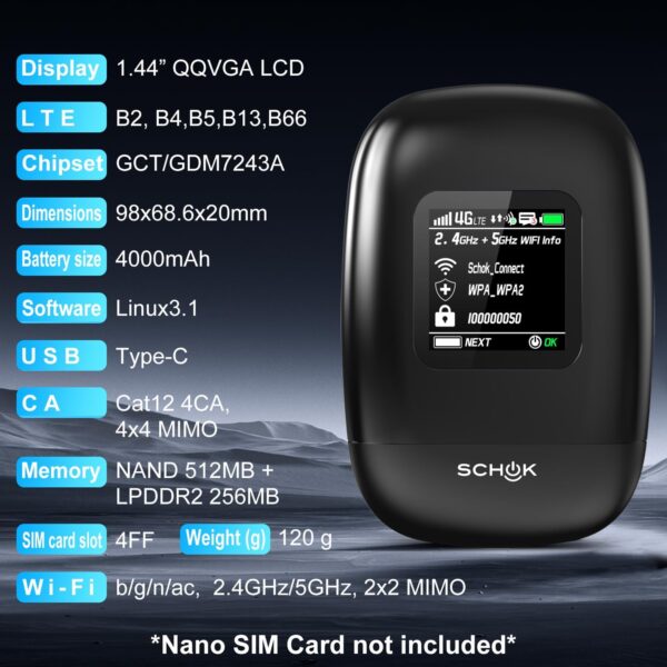 SCHOK 4G LTE Mobile Hotspot - Cat 12 Portable WiFi for Travel, Dual Bands (2.4GHz/5GHz), 600Mbps Download High Speed, Supports 16 Connected Devices, Compatible with Verizon & its MVNOs ONLY - Image 10