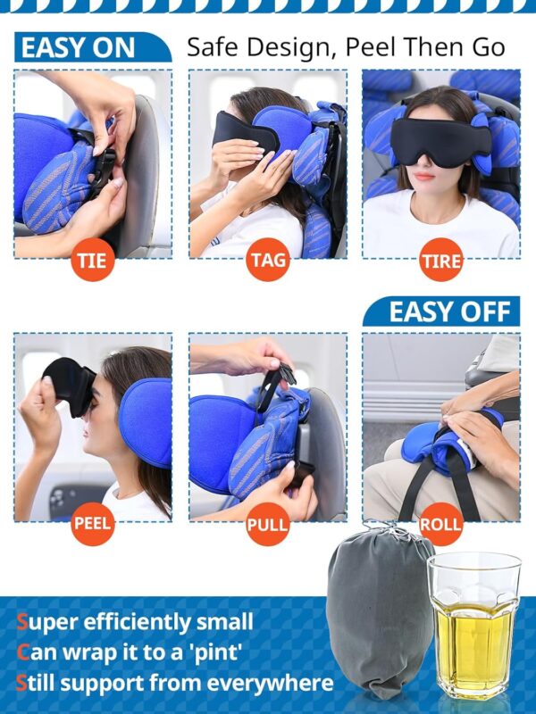 Travel Pillows for Airplanes, Airplane Pillow for Long Flight, Airplane Head Strap with Eye Mask for Sleep, Travel Neck Pillow for Car Road Trip, 360° Support Headrest, Stop Bobblehead, Black - Image 5