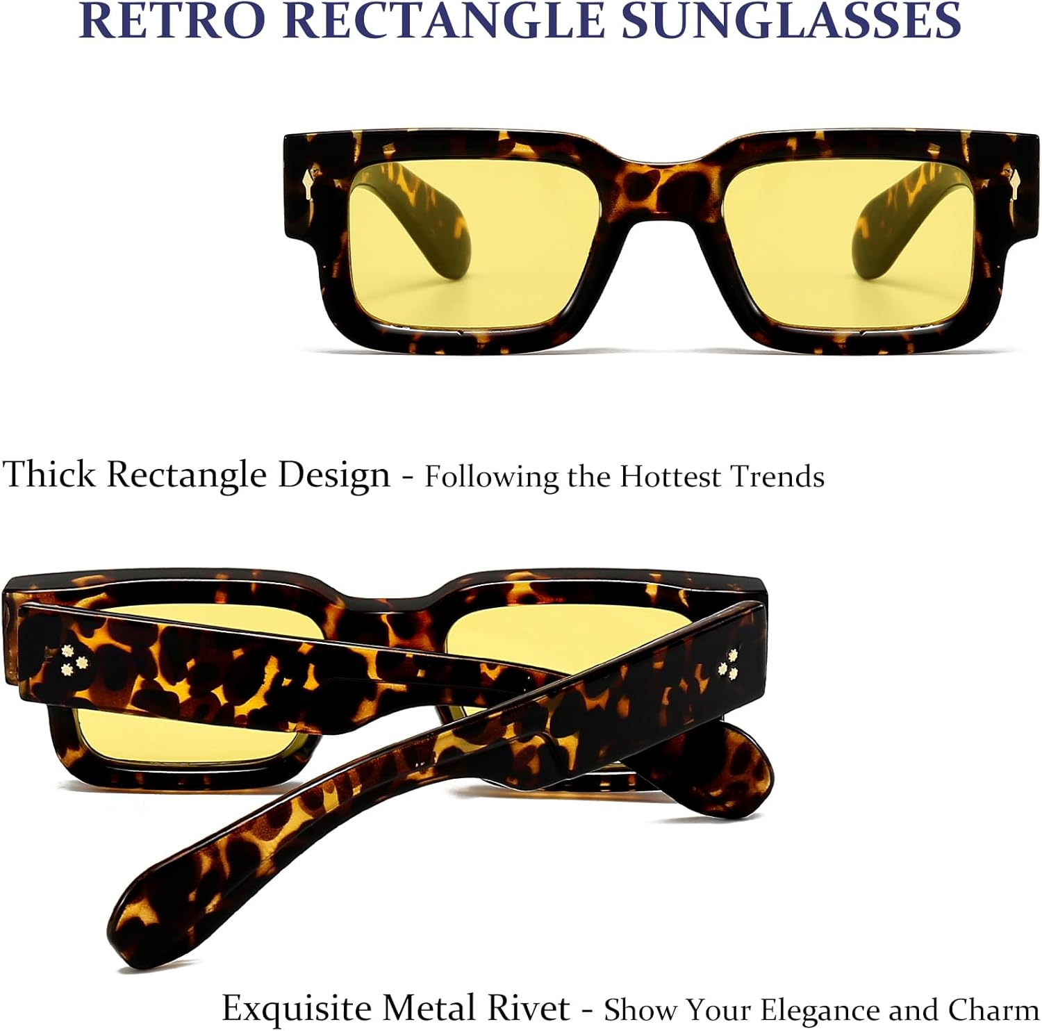Retro Rectangle Sunglasses for Men Women Black Thick Square Frame Shades - Image 6