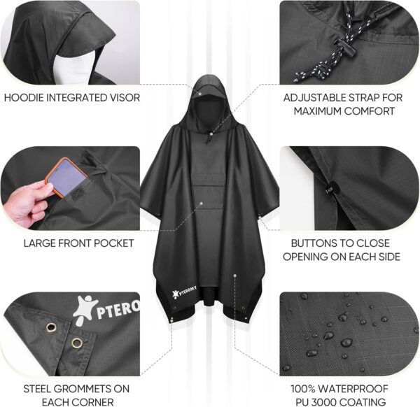PTEROMY Hooded Rain Poncho for Adult with Pocket, Waterproof Lightweight Unisex Raincoat for Hiking Camping Emergency - Image 7