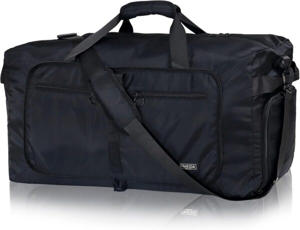 Fmeida 65L Duffle Bag with Shoes Compartment, Foldable Travel Duffel Bags for Men Women, Large Packable Travel Bag Water Repellent & Tear Resistant (Black) - Image 2