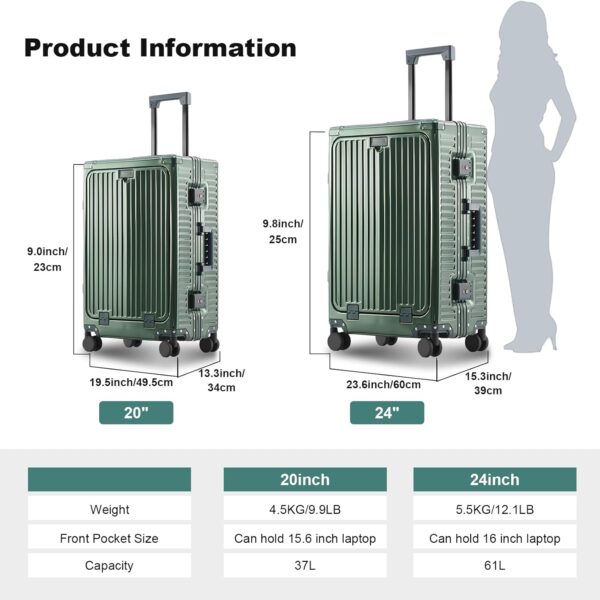Gets All Aluminum Carry on Luggage Airline Approved,24 Inch Hardshell Spinner Luggage With Cup Holder and USB Charger,TSA Lock,Front Pocket Durable Suitcase for Women Men-Dark Green,26x16x10 - Image 3