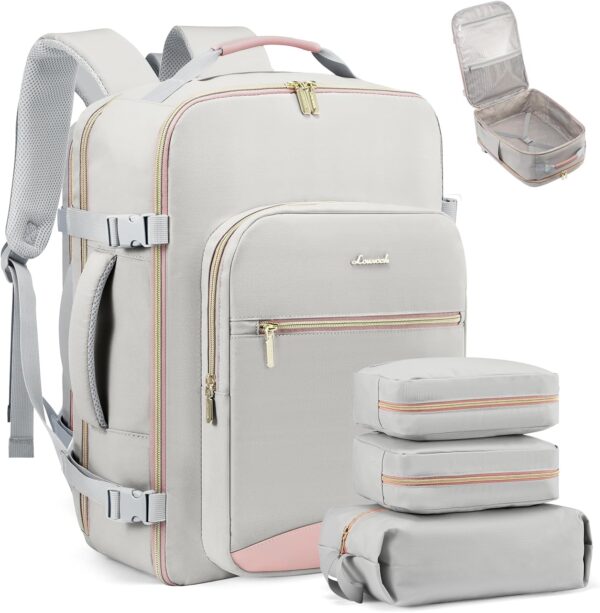 LOVEVOOK Travel Backpack for Women & Men 40L,Airline Approved Carry On Backpack Travel Essentials,TSA Carry on Luggage,Waterproof Personal Item Travel Bag,Suitcase with 3 Packing Cubes,Light gray-Pink - Image 12