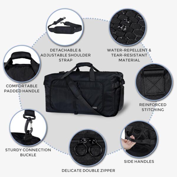 Fmeida 65L Duffle Bag with Shoes Compartment, Foldable Travel Duffel Bags for Men Women, Large Packable Travel Bag Water Repellent & Tear Resistant (Black) - Image 7