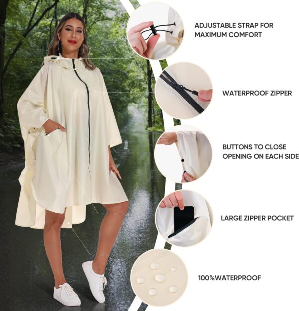 PTEROMY Hooded Rain Poncho for Adult with Pocket and Zipper, Waterproof Lightweight Raincoat for Men and Women - Image 7