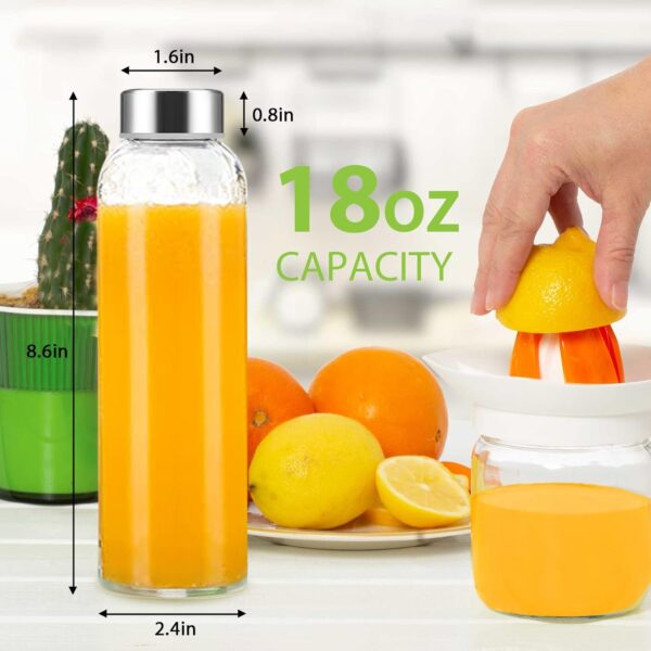 Clear Glass Bottles with Lids 18 oz, Reusable Glass Water Bottles with Stainless Steel Cap for Juicing, Refrigerator,100% Leak Proof, BPA Free, Juice Water Bottle Set of 6 - Image 6