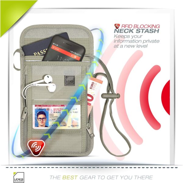 Lewis N. Clark RFID Blocking Stash Neck Wallet, Travel Pouch + Passport Holder for Women & Men, Taupe, One Size - Image 4