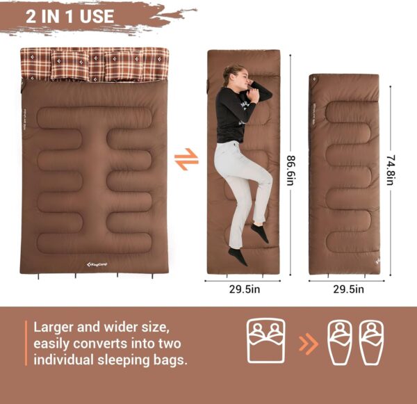 KingCamp Double Sleeping Bag for Adults, Queen Size 2 Person XXL Flannel Sleeping Bag, Waterproof Lightweight Flannel Quilt with 2 Pillows, Perfect for Couples Family Camping Hiking - Image 3