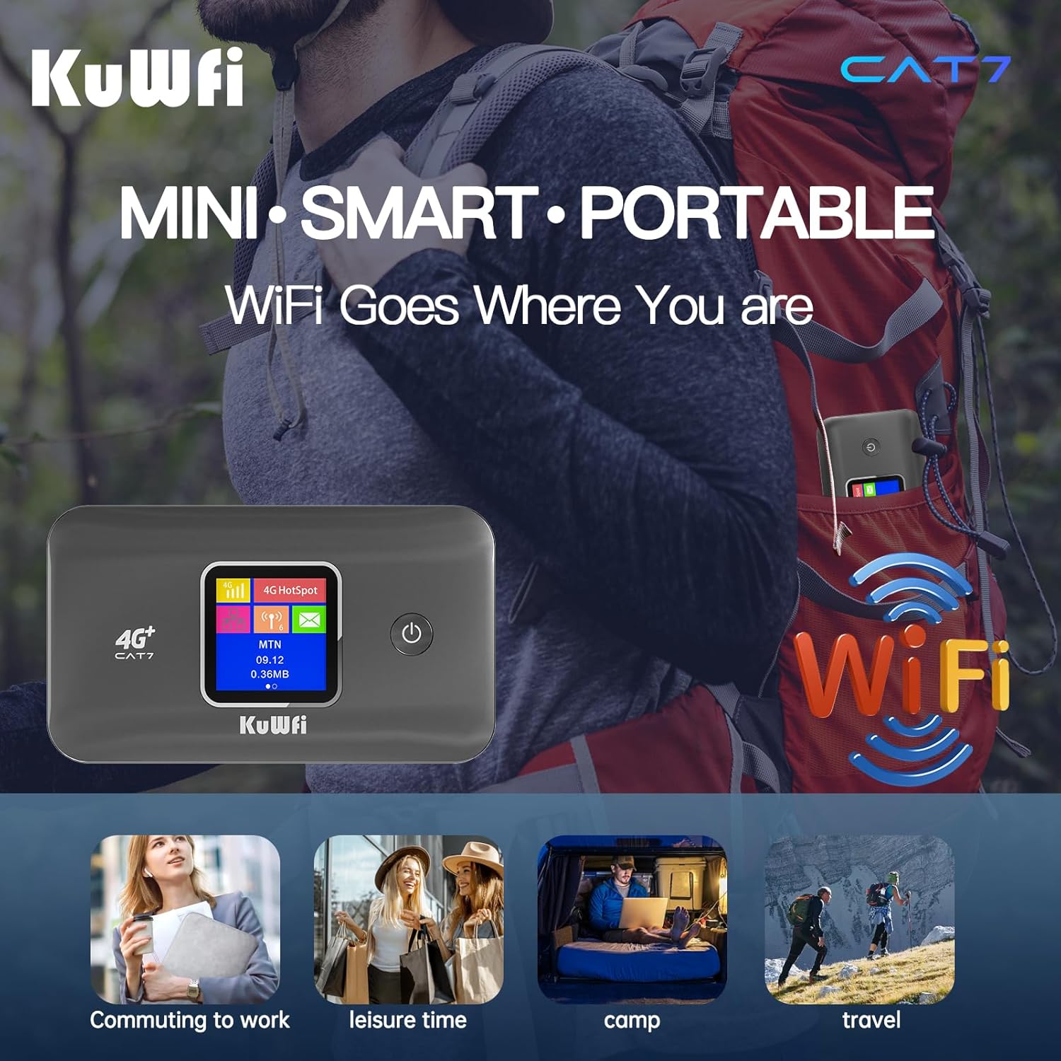 KuWFi 4G+ CAT7 Unlocked 4G LTE Mobile WiFi Hotspot, 300Mbps High-Speed Travel Router with SIM Card Slot for RV/Camping/Trips, Works with T-Mobile AT&T - Image 8