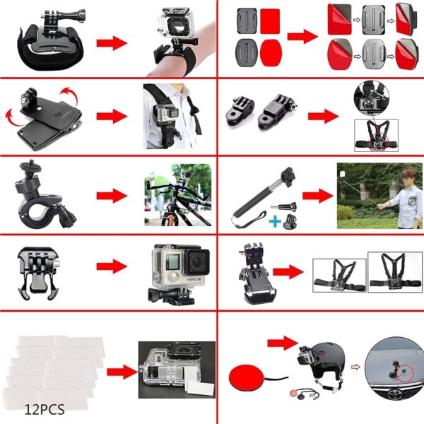 60 in 1 Camera Accessories Kit Compatible with GoPro Hero 13 12 11 10 9 8 7 6 5/Session 5/Hero 4/3+/3/2/1, Insta360, DJI Osmo Action, AKASO, APEMAN, Campark, SJCAM - Image 6