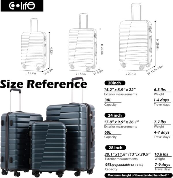 COOLIFE Expandable Suitcase PC ABS TSA Luggage 3 Piece Set Lock Spinner Carry on (Teal blue) - Image 8