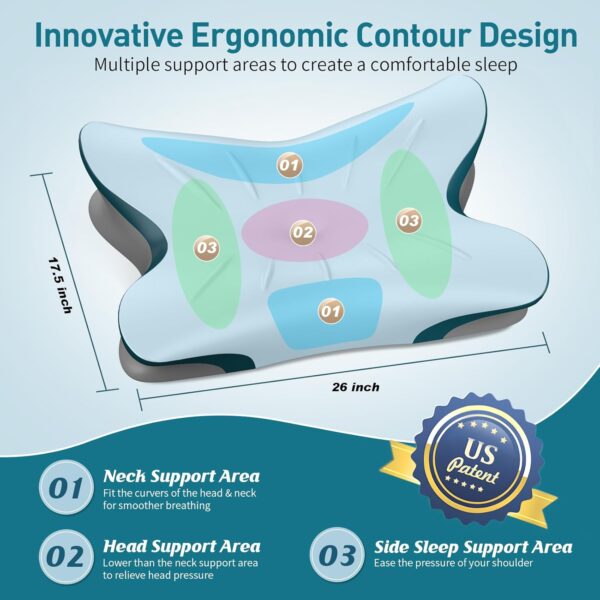 Cervical Pillow for Neck Pain Relief - Ergonomic Neck Pillow for Sleeping Contour Memory Foam Pillows with Cooling Pillowcase, Orthopedic Bed Pillow for Side Back Stomach Sleepers - Image 5