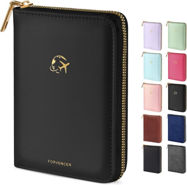 Forvencer Passport Holder Cover with Safe Zipper Closure, Premium Passport Wallet for Travel, Cute RFID Blocking Card Case, Waterproof Travel Accessories for Women, Black - Image 2