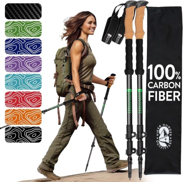100% Carbon Fiber Trekking Poles by USA Brand - Ultra Strong Lightweight Collapsible Hiking Poles with Cork and EVA Foam Grips & Quick Adjustable Flip Locks - Image 2