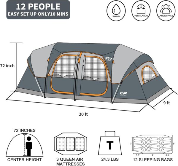 CAMPROS CP Tent 12-Person-Camping-Tents,3 Room Family Tents,Waterproof Windproof Family Tent with Top Rainfly,6 Large Mesh Windows,Double Layer,Easy Set Up, Portable with Carry Bag-20' x 9' x 72"(H) - Image 3