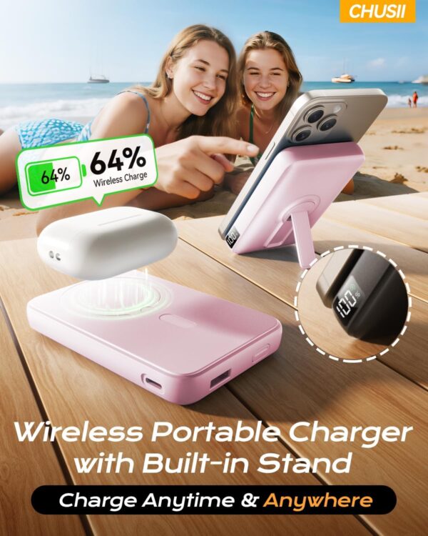 for Magsafe Portable Charger, 12000mAh Wireless Magnetic Power Bank with Stand and PD 20W Fast Charging, for Magsafe Battery Pack Compatible with iPhone 16/15/14/13/12 Series- Sakura - Image 4