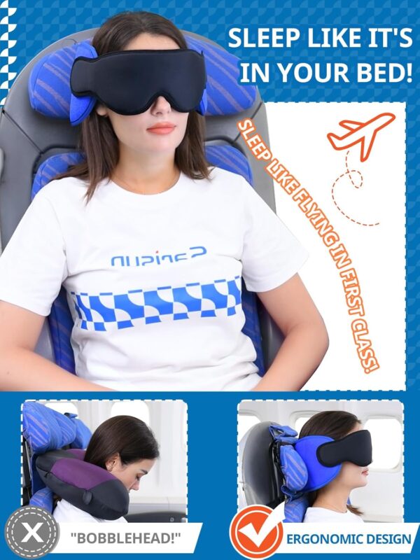 Travel Pillows for Airplanes, Airplane Pillow for Long Flight, Airplane Head Strap with Eye Mask for Sleep, Travel Neck Pillow for Car Road Trip, 360° Support Headrest, Stop Bobblehead, Black - Image 3