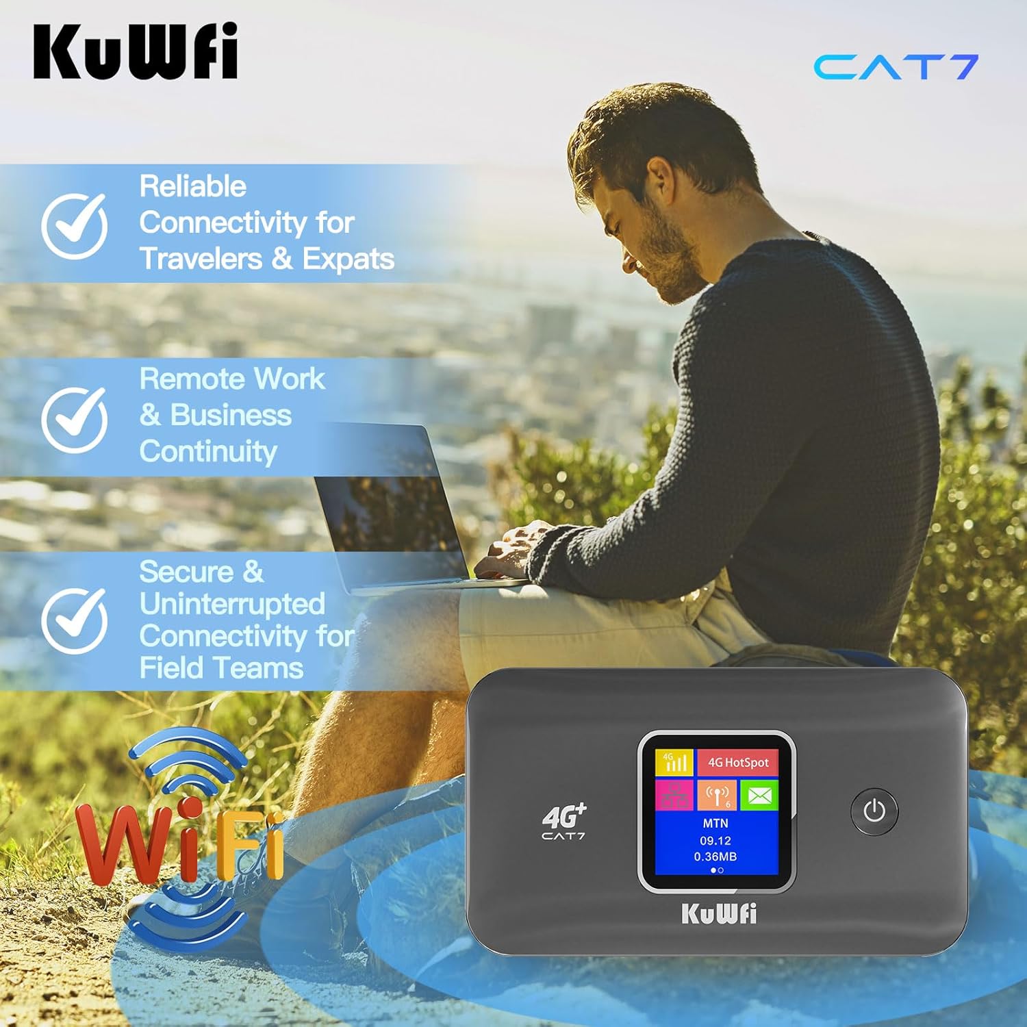 KuWFi 4G+ CAT7 Unlocked 4G LTE Mobile WiFi Hotspot, 300Mbps High-Speed Travel Router with SIM Card Slot for RV/Camping/Trips, Works with T-Mobile AT&T - Image 5