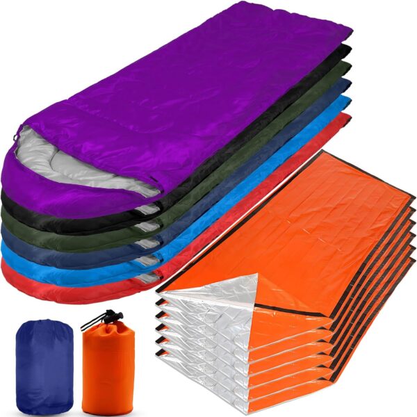 Macarrie 12 Pcs Hiking Gear Set, Include 6 Sleeping Bags for Adults Teens Kids with Compression Sack, 6 Emergency Sleeping Bags for Camping Hiking Homeless Supplies - Image 2