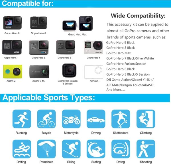 60 in 1 Camera Accessories Kit Compatible with GoPro Hero 13 12 11 10 9 8 7 6 5/Session 5/Hero 4/3+/3/2/1, Insta360, DJI Osmo Action, AKASO, APEMAN, Campark, SJCAM - Image 7