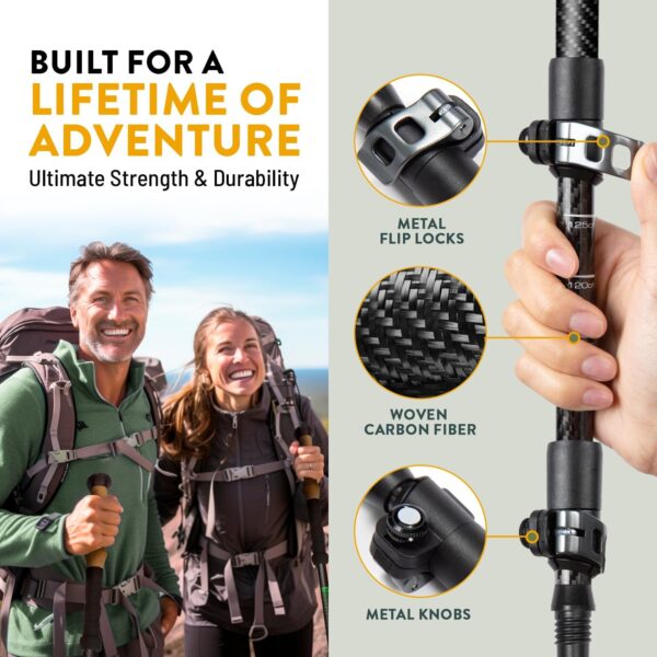 100% Carbon Fiber Trekking Poles by USA Brand - Ultra Strong Lightweight Collapsible Hiking Poles with Cork and EVA Foam Grips & Quick Adjustable Flip Locks - Image 4