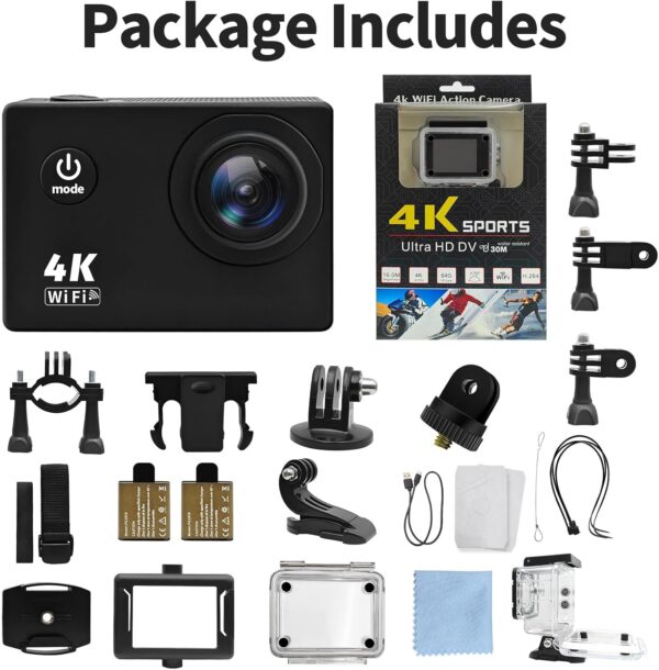 Action Camera 4K 30FPS, Waterproof Camera 30M Underwater Ultra HD 131FT 170°Wide Angle Shooting, with 2 x 1050 mAh Batteries for Swimming, Cycling, Fishing, Climbing - Image 8
