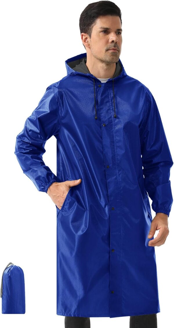 iCreek Men's Long Rain Coat Hooded Packable Waterproof Lightweight Outdoor Rain Jacket Trench Coats Windbreaker - Image 2
