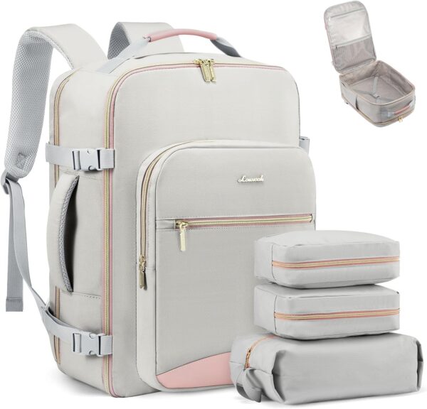 LOVEVOOK Travel Backpack for Women & Men 40L,Airline Approved Carry On Backpack Travel Essentials,TSA Carry on Luggage,Waterproof Personal Item Travel Bag,Suitcase with 3 Packing Cubes,Light gray-Pink - Image 2