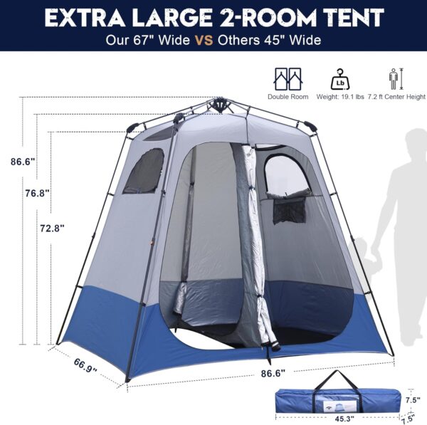 2-Room Camping Shower Tent, Instant Pop-up Privacy Shelter, Extra Large Changing Room & Toilet Tents with Ventilation, Portable Outdoor Shower with Rainfly & Floor for Dressing, Hiking, Beach, Fishing - Image 4
