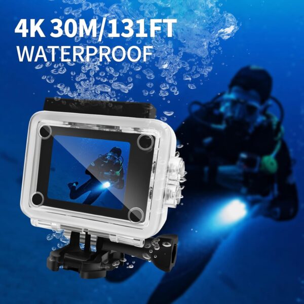Action Camera 4K 30FPS, Waterproof Camera 30M Underwater Ultra HD 131FT 170°Wide Angle Shooting, with 2 x 1050 mAh Batteries for Swimming, Cycling, Fishing, Climbing - Image 3