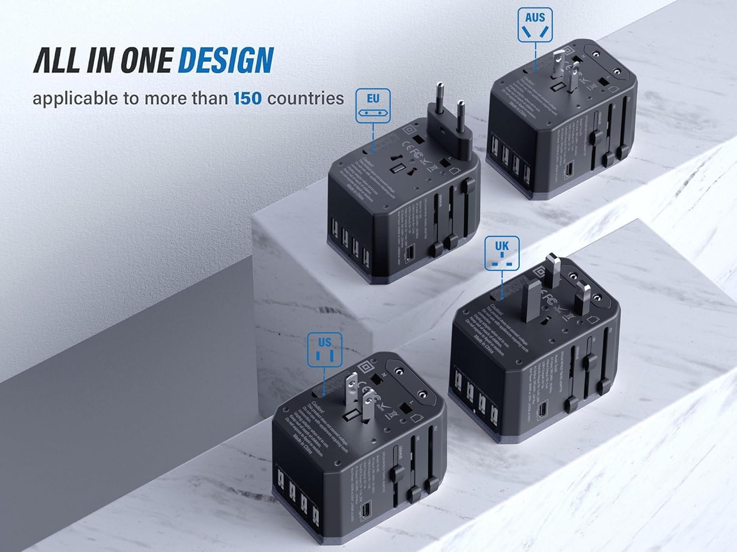 EPICKA Universal Travel Adapter, European Travel Plug Adapter (Not a Voltage Converter) - International Power Adapter Worldwide Charger with USB-C & 4 USB-A Ports, Travel Essentials (TA-105, Grey) - Image 5