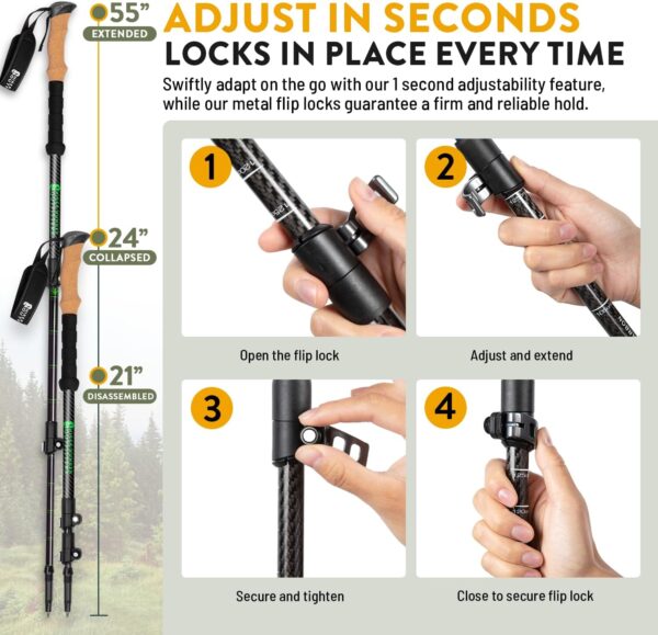 100% Carbon Fiber Trekking Poles by USA Brand - Ultra Strong Lightweight Collapsible Hiking Poles with Cork and EVA Foam Grips & Quick Adjustable Flip Locks - Image 6