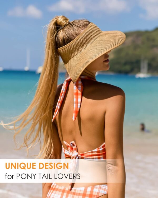 FURTALK Sun Hats for Women Wide Brim Beach Hat Straw Visor Ponytail Summer UV Packable Foldable Beach Vacation Essentials - Image 9