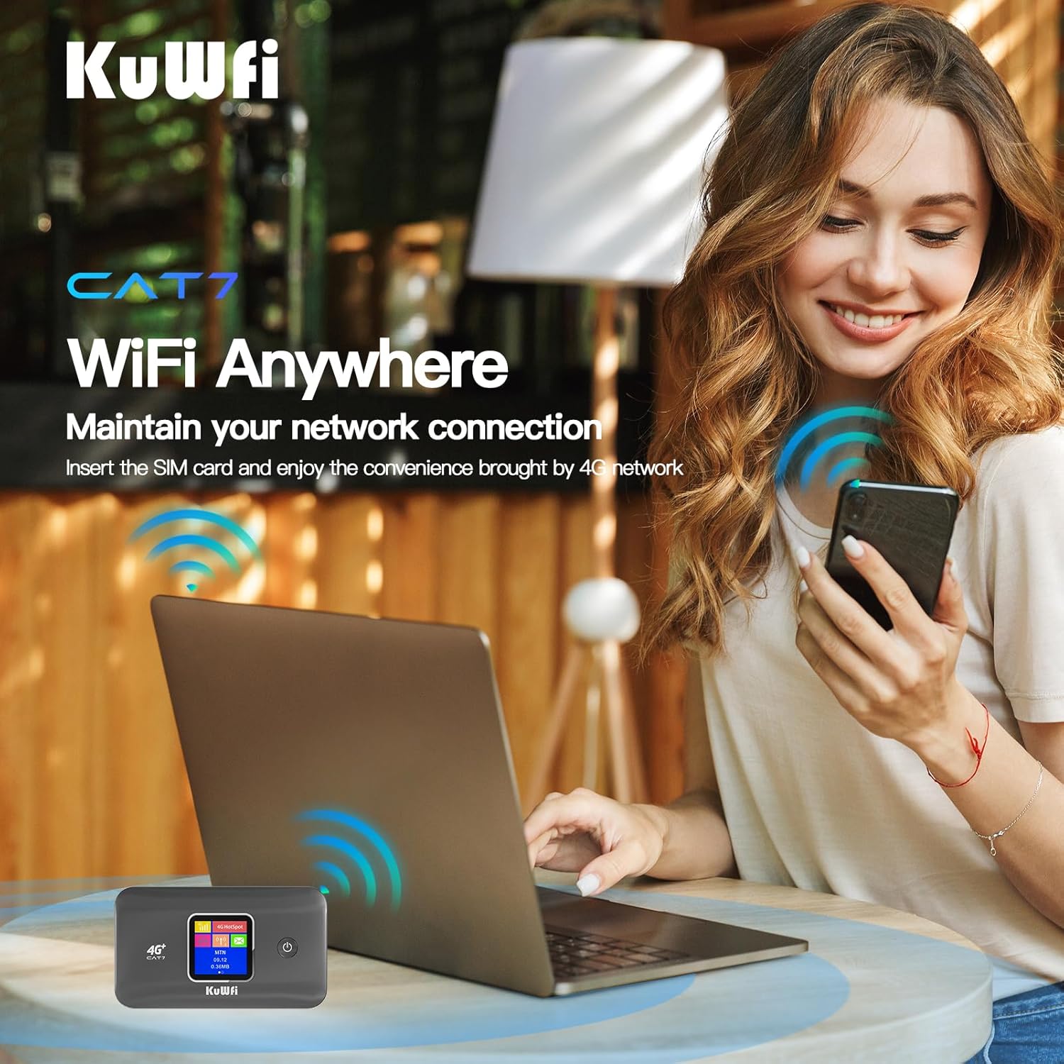 KuWFi 4G+ CAT7 Unlocked 4G LTE Mobile WiFi Hotspot, 300Mbps High-Speed Travel Router with SIM Card Slot for RV/Camping/Trips, Works with T-Mobile AT&T - Image 6