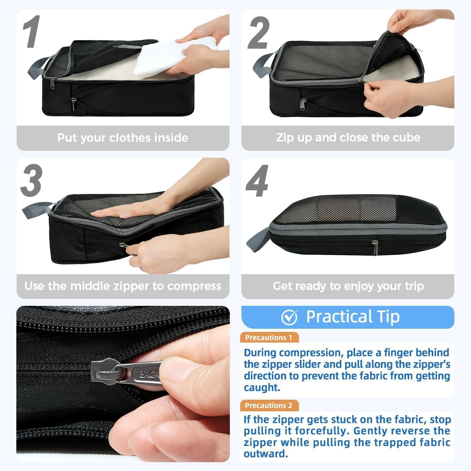 BAGAIL 4 Set/6 Set/8 Set Compression Packing Cubes Travel Accessories Expandable Packing Organizers (Half Mesh, 6-Black) - Image 4