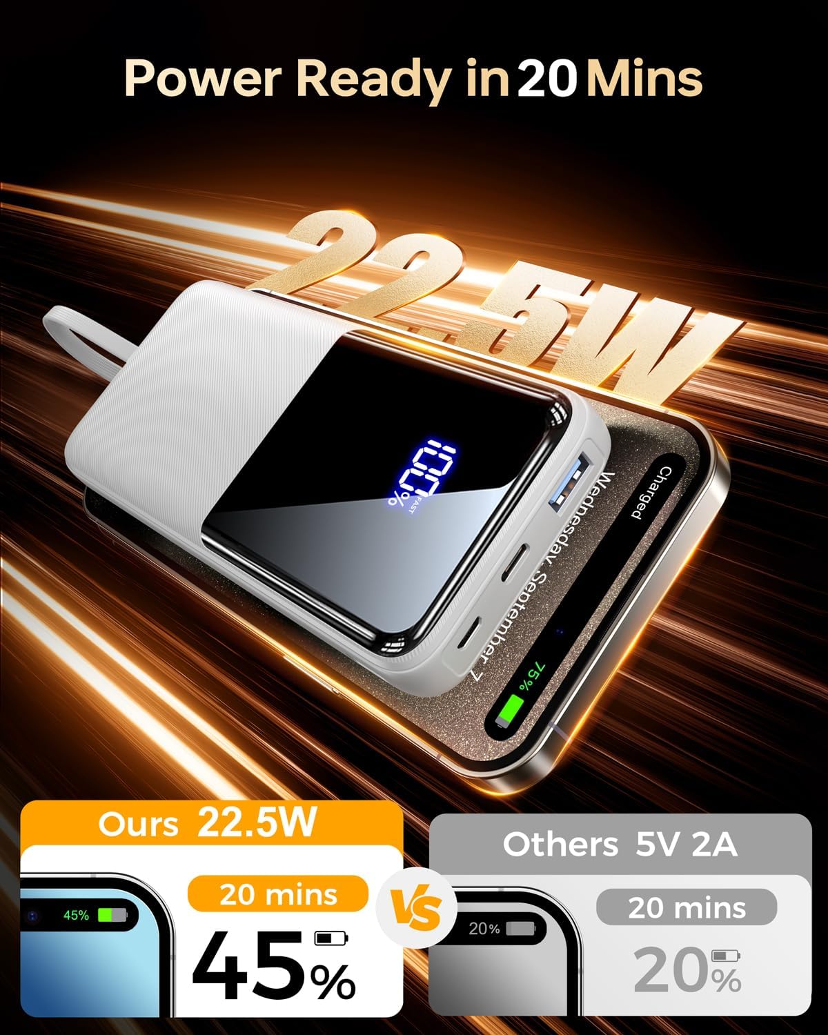 Portable Charger Power Bank - 15000mAh Battery Pack Portable Phone Charger with Built in Cables 22.5W Fast Charging Powerbank Compatible with iPhone Android Samsung Phone, Travel Camping Essential - Image 4