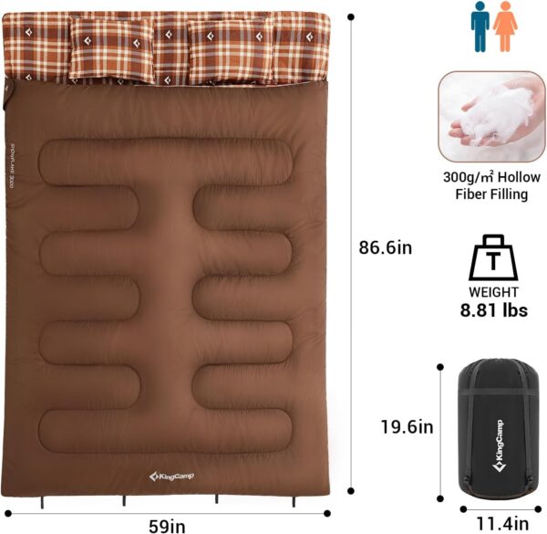 KingCamp Double Sleeping Bag for Adults, Queen Size 2 Person XXL Flannel Sleeping Bag, Waterproof Lightweight Flannel Quilt with 2 Pillows, Perfect for Couples Family Camping Hiking - Image 4