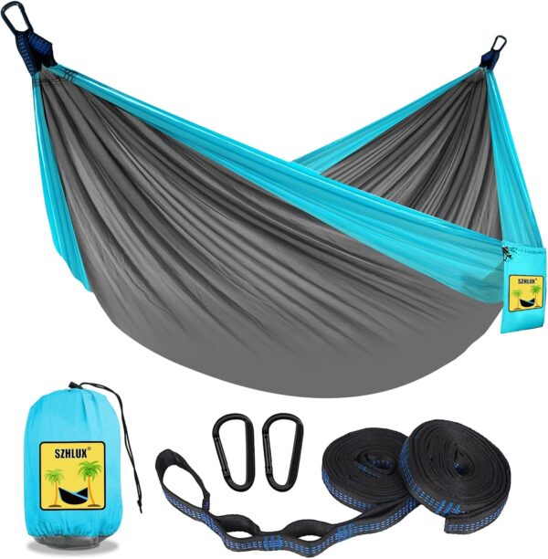 SZHLUX Camping Hammock Double & Single Portable Hammocks with 2 Tree Straps and Attached Carry Bag,Great for Outdoor,Indoor,Beach,Camping,Light Grey / Sky Blue - Image 2