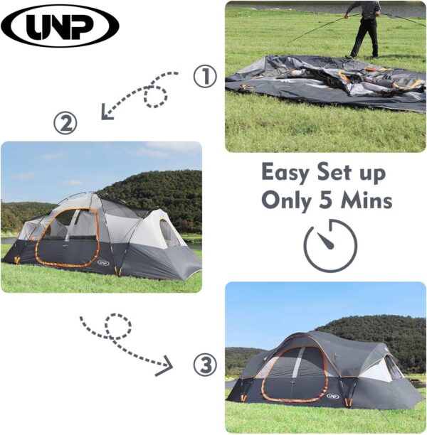 UNP Camping Tent 10-Person-Family Tents, Parties, Music Festival Tent, Big, Easy Up, 5 Large Mesh Windows, Double Layer, 2 Room, Waterproof, Weather Resistant, 18ft x 9ft x78in - Image 9