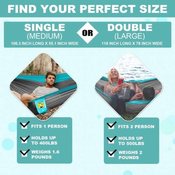 SZHLUX Camping Hammock Double & Single Portable Hammocks with 2 Tree Straps and Attached Carry Bag,Great for Outdoor,Indoor,Beach,Camping,Light Grey / Sky Blue - Image 3