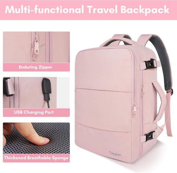 Taygeer Travel Backpack for Women, Carry On Backpack with USB Charging Port & Shoe Pouch, TSA 15.6inch Laptop Mochila Flight Approved, Nurse Bag Casual Daypack for Weekender Business Hiking, Pink - Image 9