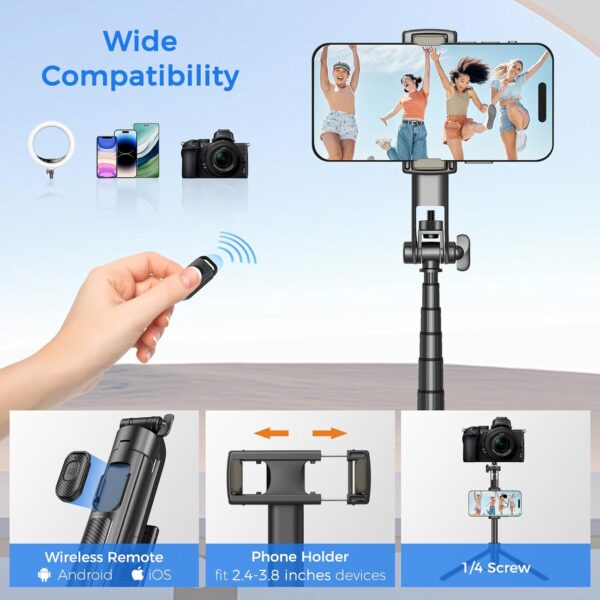 Selfie Stick Travel Tripod for Cell Phone with Remote Control and Phone Holder, Extendable Selfie Stick for iPhone, iPhone Tripod for Video Recording, 50 Inch, Black - Image 7