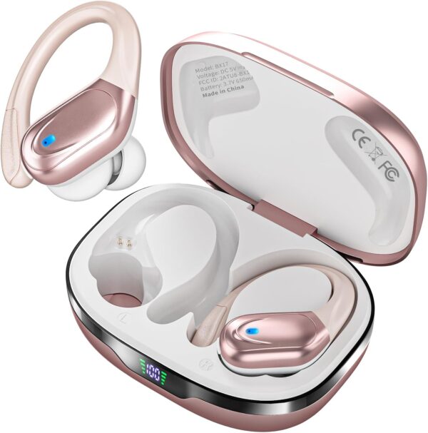 Wireless Earbuds, Sports Bluetooth Headphones, 80Hrs Playtime Ear Buds with LED Power Display, Noise Canceling Headset, IPX7 Waterproof Earphones for Workout/Running (Rose Gold) - Image 2