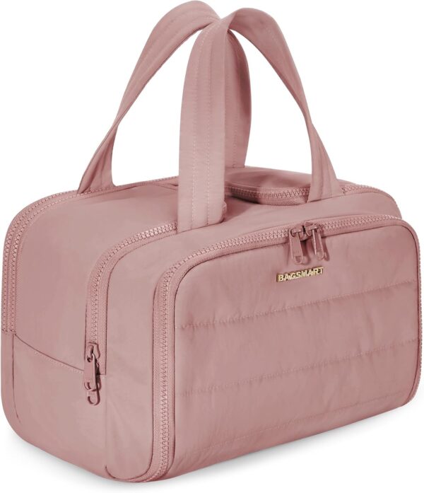 BAGSMART Travel Toiletry Bag, Lightweight Large Wide-open Travel Bag for Women, Puffy Cosmetic Makeup Bag Organizer with Handle for Accessories,Essentials, Toiletries, Dark Pink - Image 2