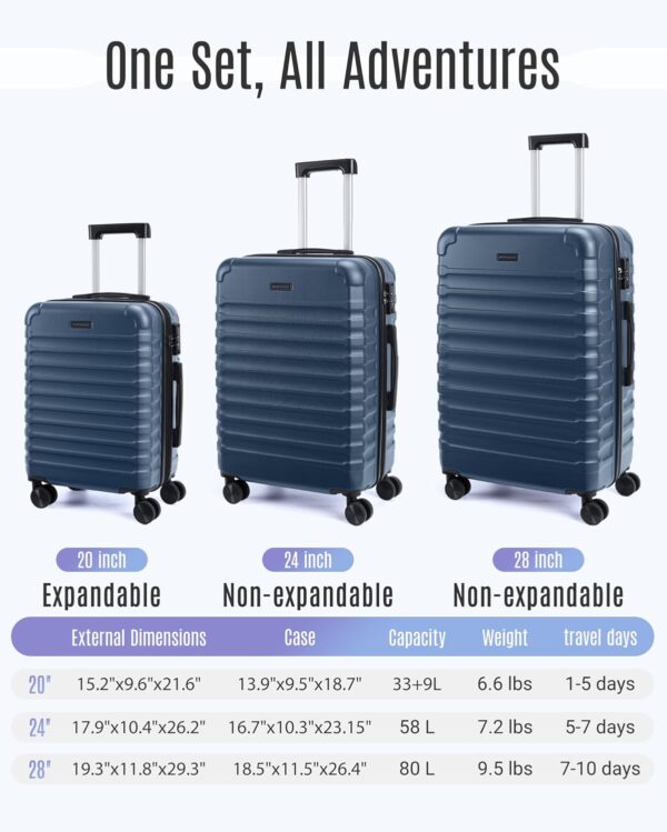 LIGHT FLIGHT Luggage Sets, 3 Piece Durable Suitcase Set with Spinner Wheels, 3 Pcs Hardside Lightweight luggage with TSA Lock, Large Checked Travel Suitcases, 20/24/28 Inch, Royal Blue - Image 8